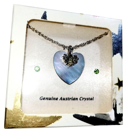 Vtg. Mother of Pearl Heart with Genuine Austrian Crystals and Crystal Earrings - Picture 2 of 7